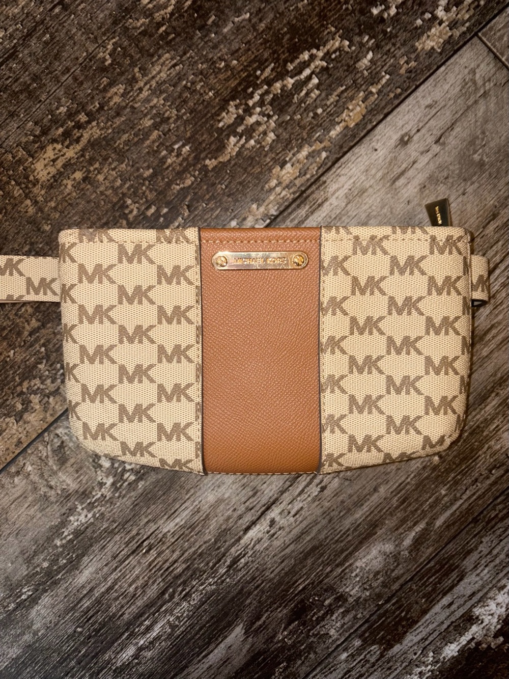 Michael Kors Beige Monogram and Tan Leather Belt Bag with Gold Hardware NWOT